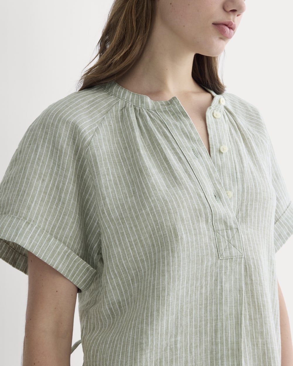 The Popover Dress in Linen | Oil Green / White - Image 3
