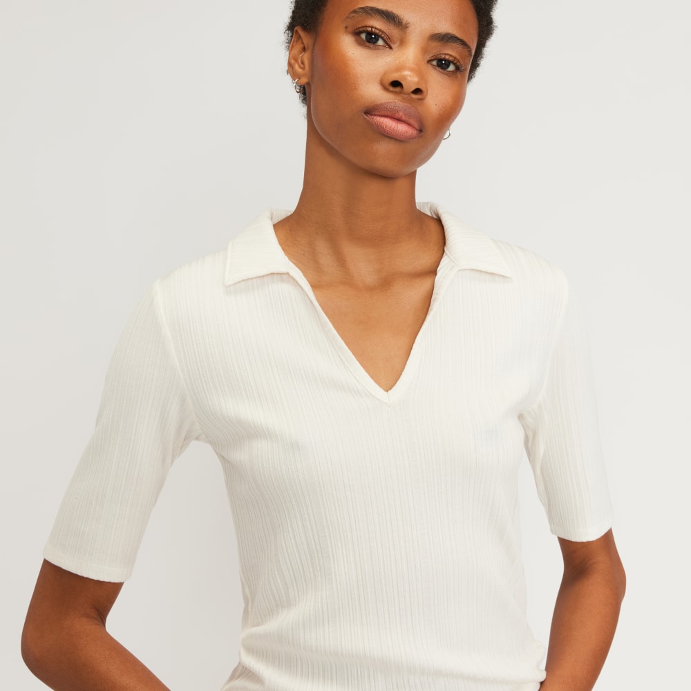 The Rib Soft Knit Open Collar Polo | Bone - Image 4