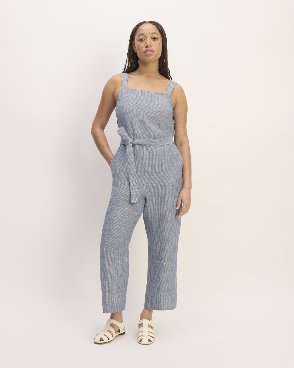 The Linen Side-Button Jumpsuit | White / Blue