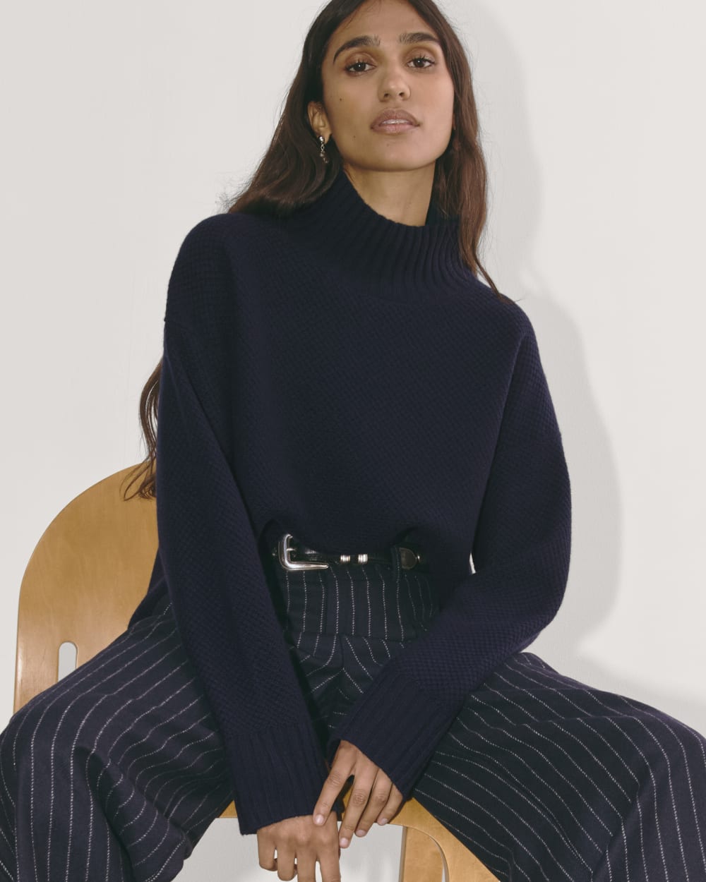 The Honeycomb Funnel Neck in Wool Cashmere | Navy - Image 3