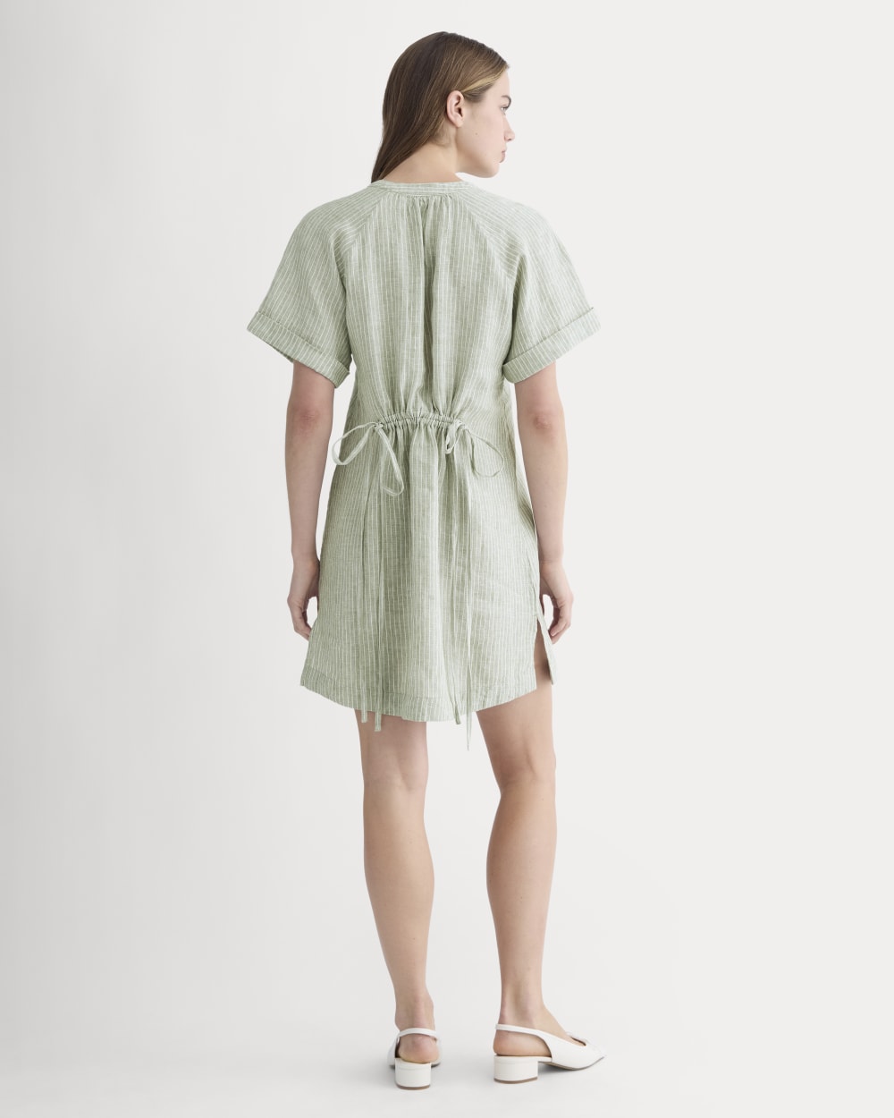 The Popover Dress in Linen | Oil Green / White - Image 5