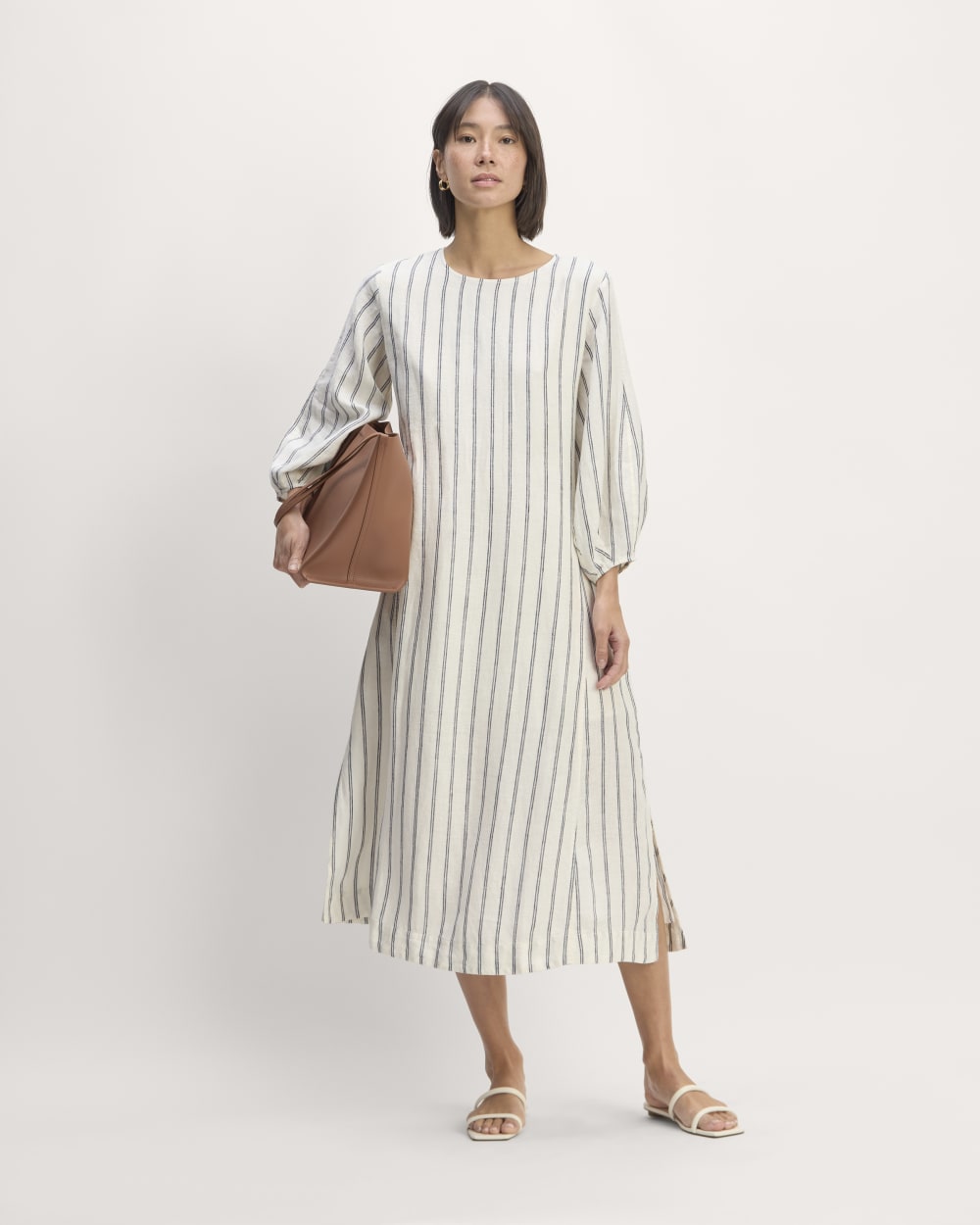 The Linen A-Line Midi Dress | Bone / Navy
