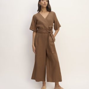 The Wrap Jumpsuit in Linen | Carob Brown