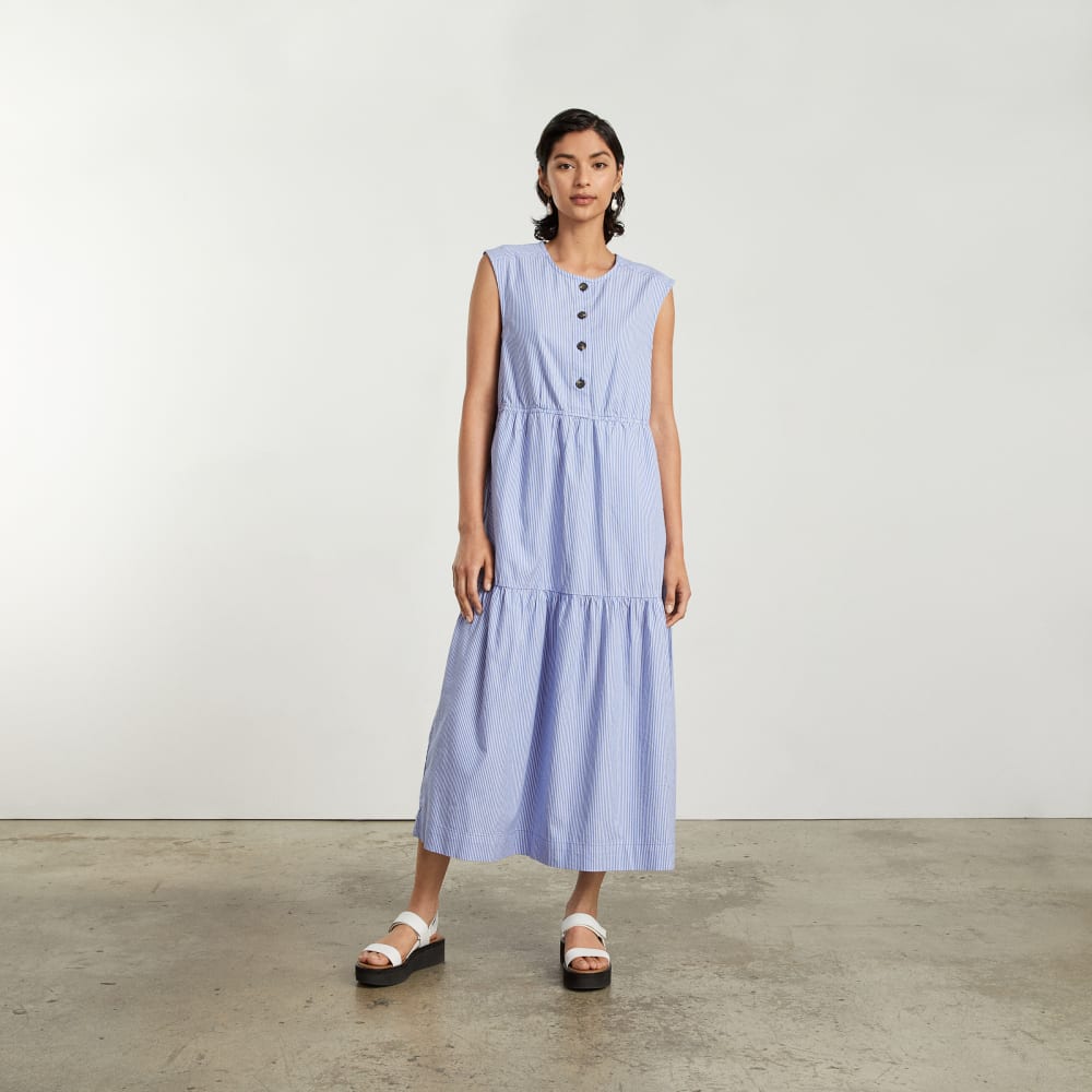 The Tiered Midi Dress | White / Blue Mini Stripe - Image 2