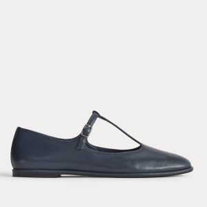 The Leather T-Strap Flat | Navy