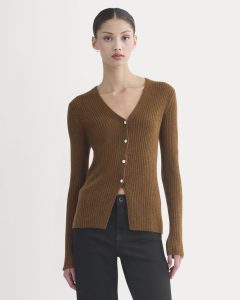 Cashmere Ribbed V-Neck Cardigan | Heathered Toffee