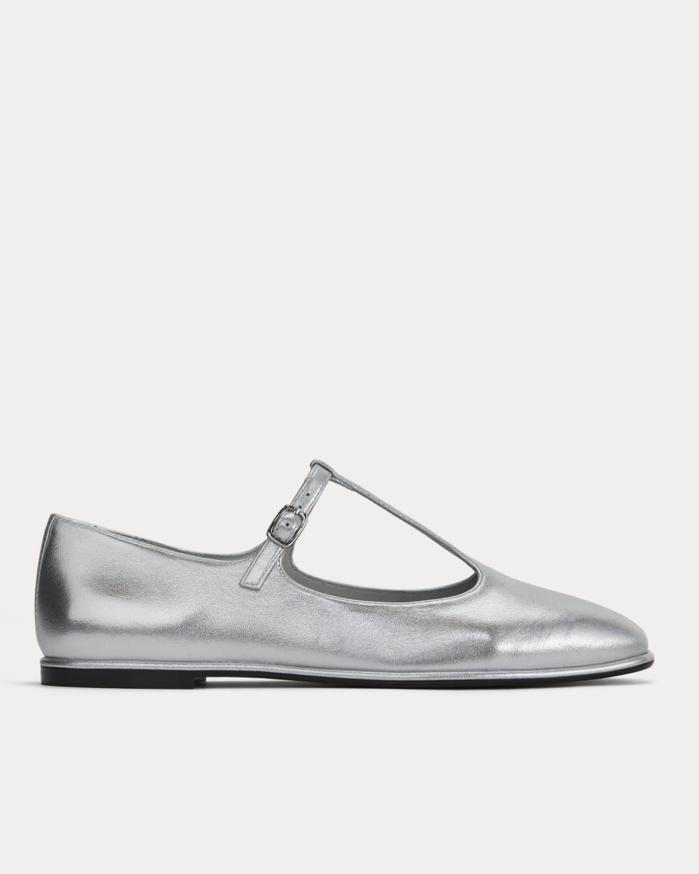 The Leather T-Strap Flat | Silver
