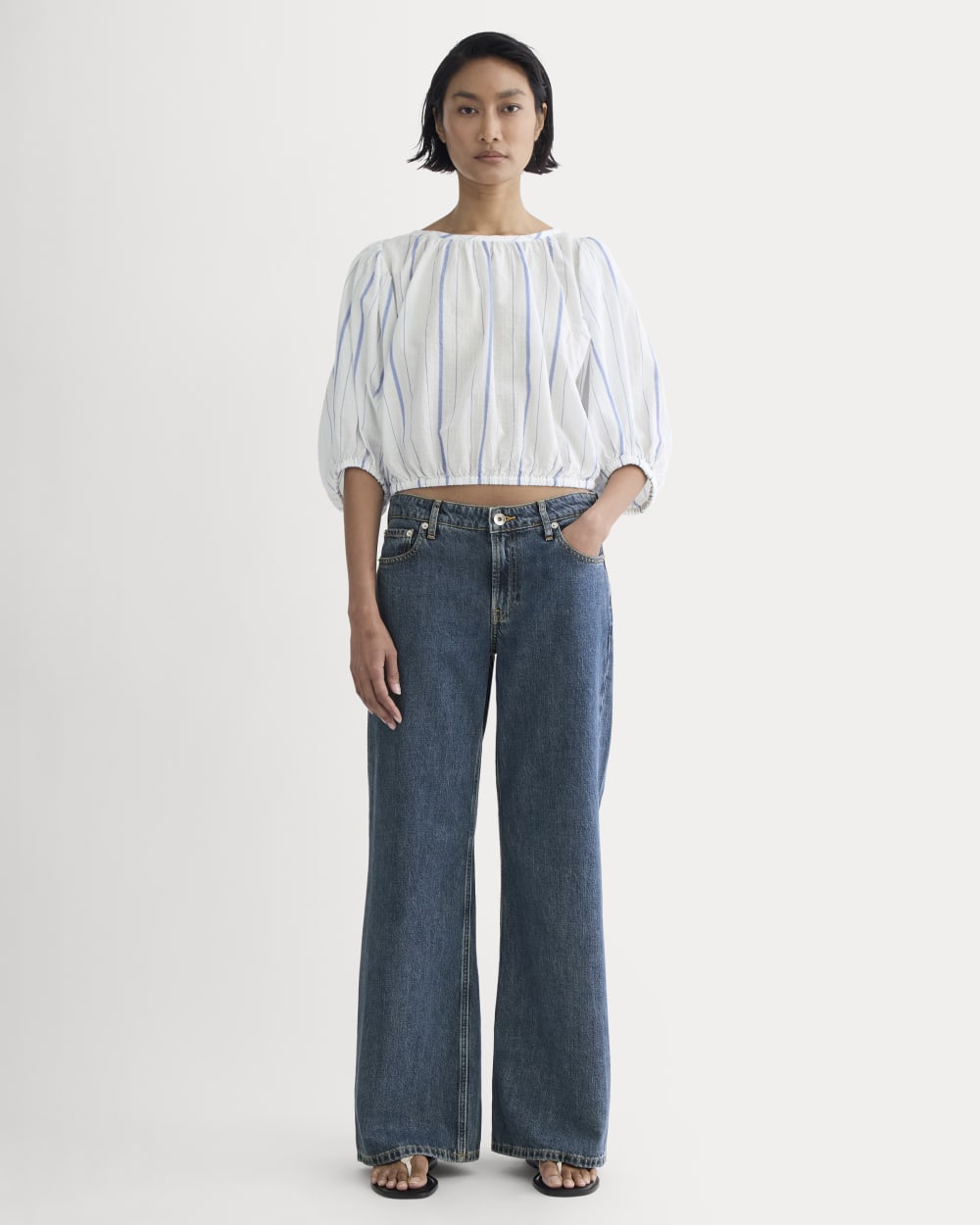 The Gauze Puff-Sleeve Top | Bone / Dutch Blue - Image 3