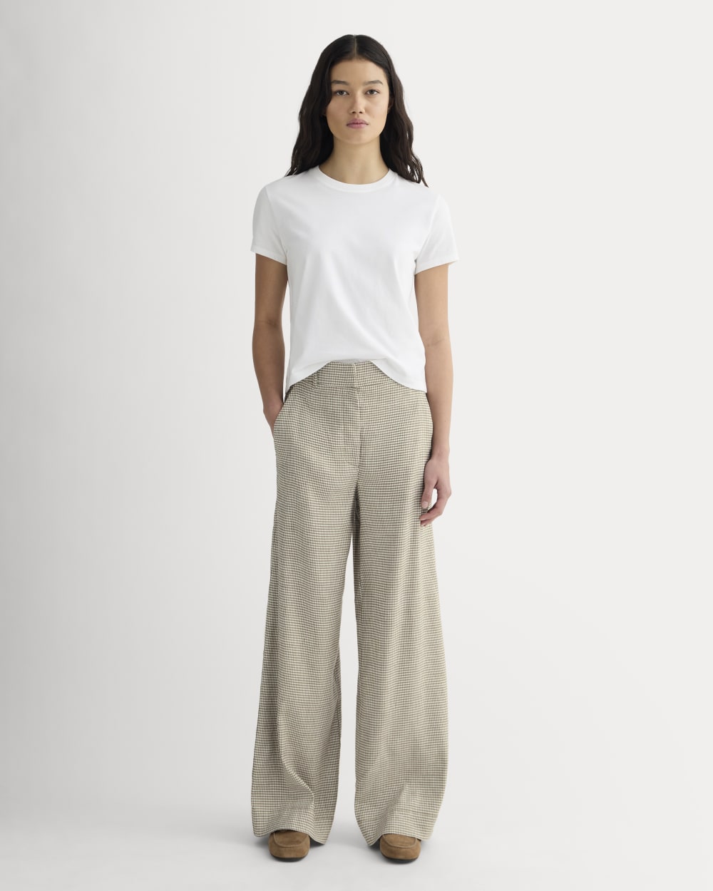 The Wide-Leg Pant in Stretch Linen | Deep Taupe Mini Gingham