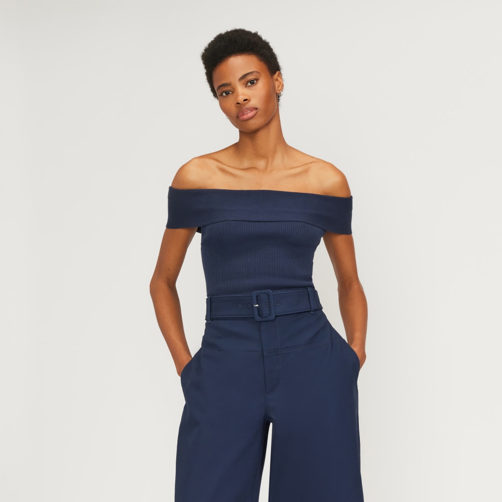 The Ribbed Cotton Off-The-Shoulder Top | Navy