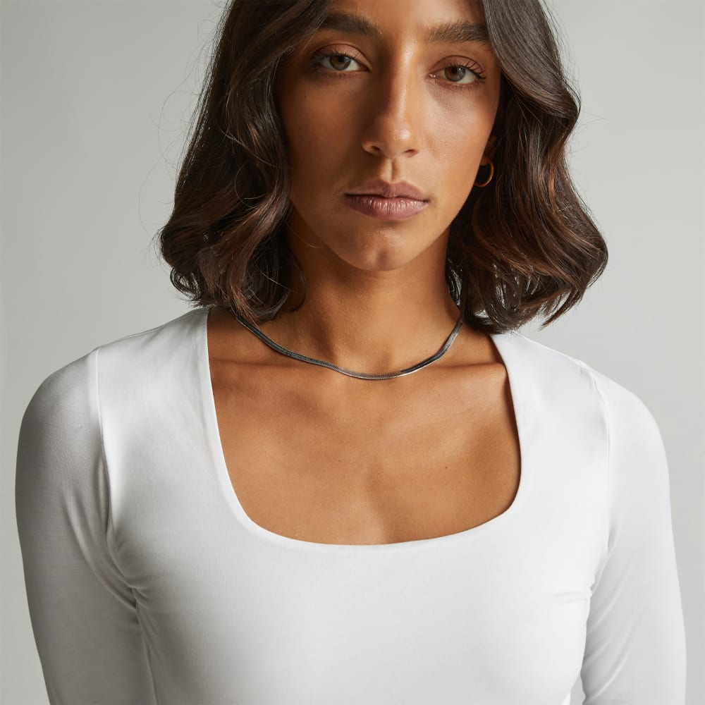 The Long-Sleeve Supima® Square-Neck Bodysuit | White | Thong - Image 4