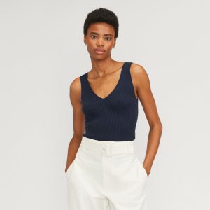 The Ribbed Cotton Double V Top | Navy