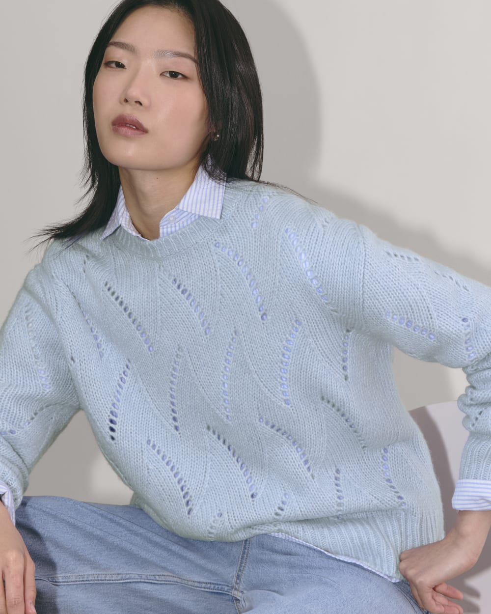 The Pointelle Sweater in Cloud | Chambray Blue - Image 3