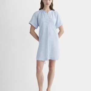 The Popover Dress in Linen | Sky Blue / White