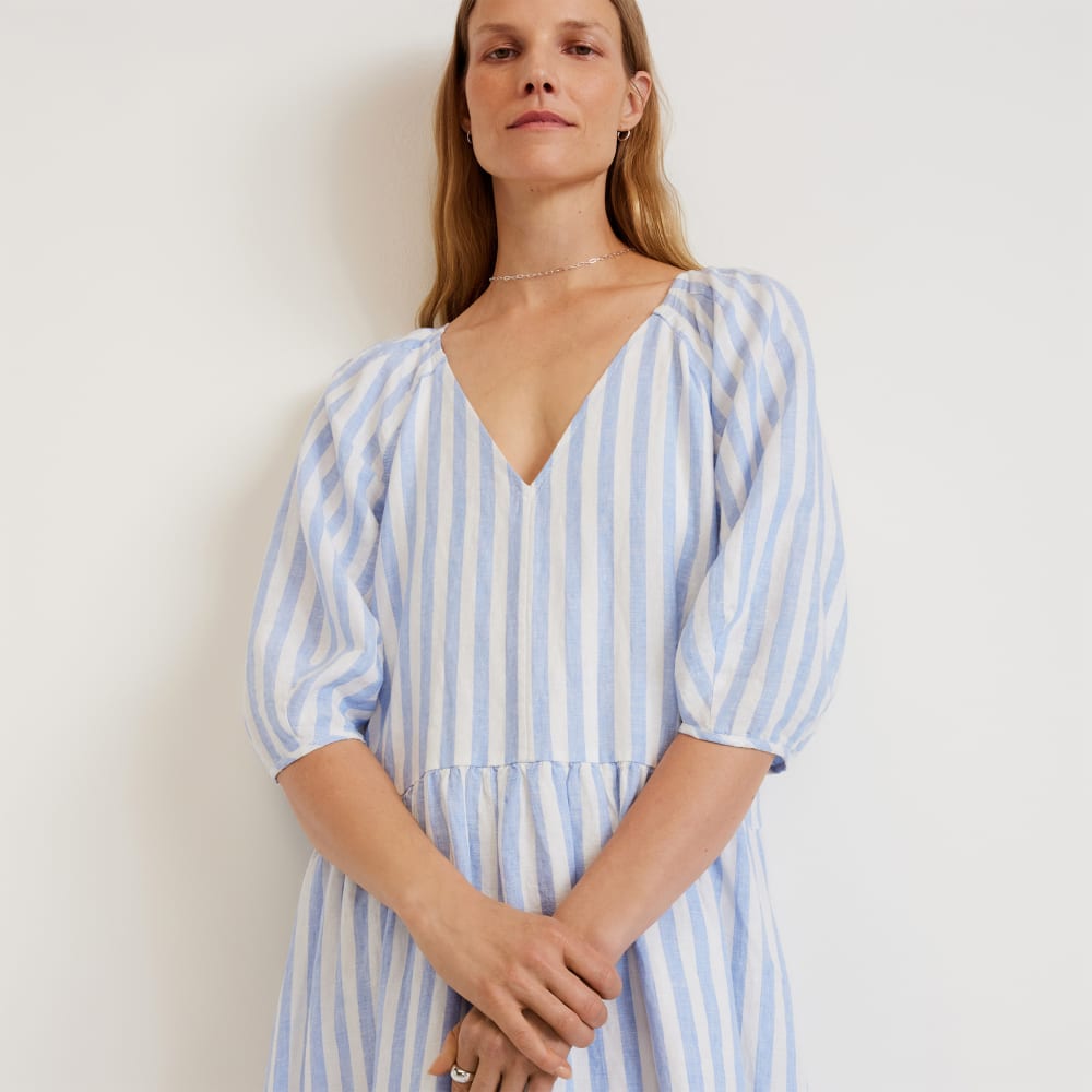 The Linen Oversized Puff-Sleeve Dress | Blue / White - Image 4