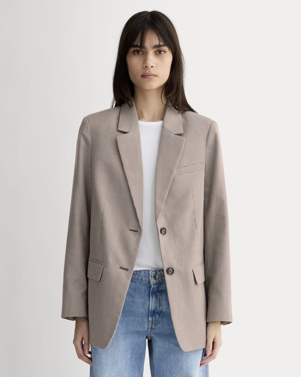 The Oversized Blazer in Buttersmooth | Deep Taupe Mini Gingham