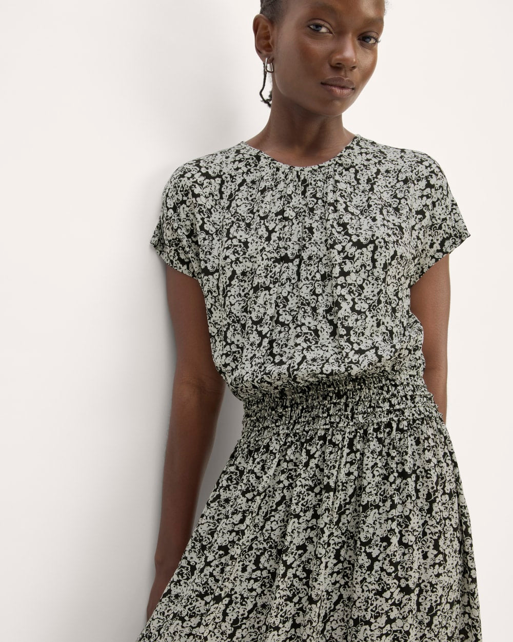 The Gathered Midi Dress | Black / Bone Mini Floral