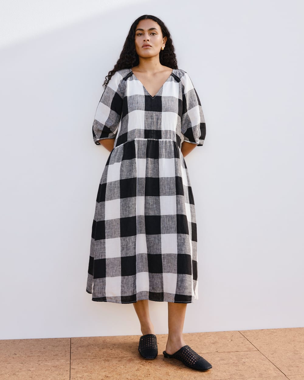 The Linen Oversized Puff-Sleeve Dress | Bone / Black Check - Image 7