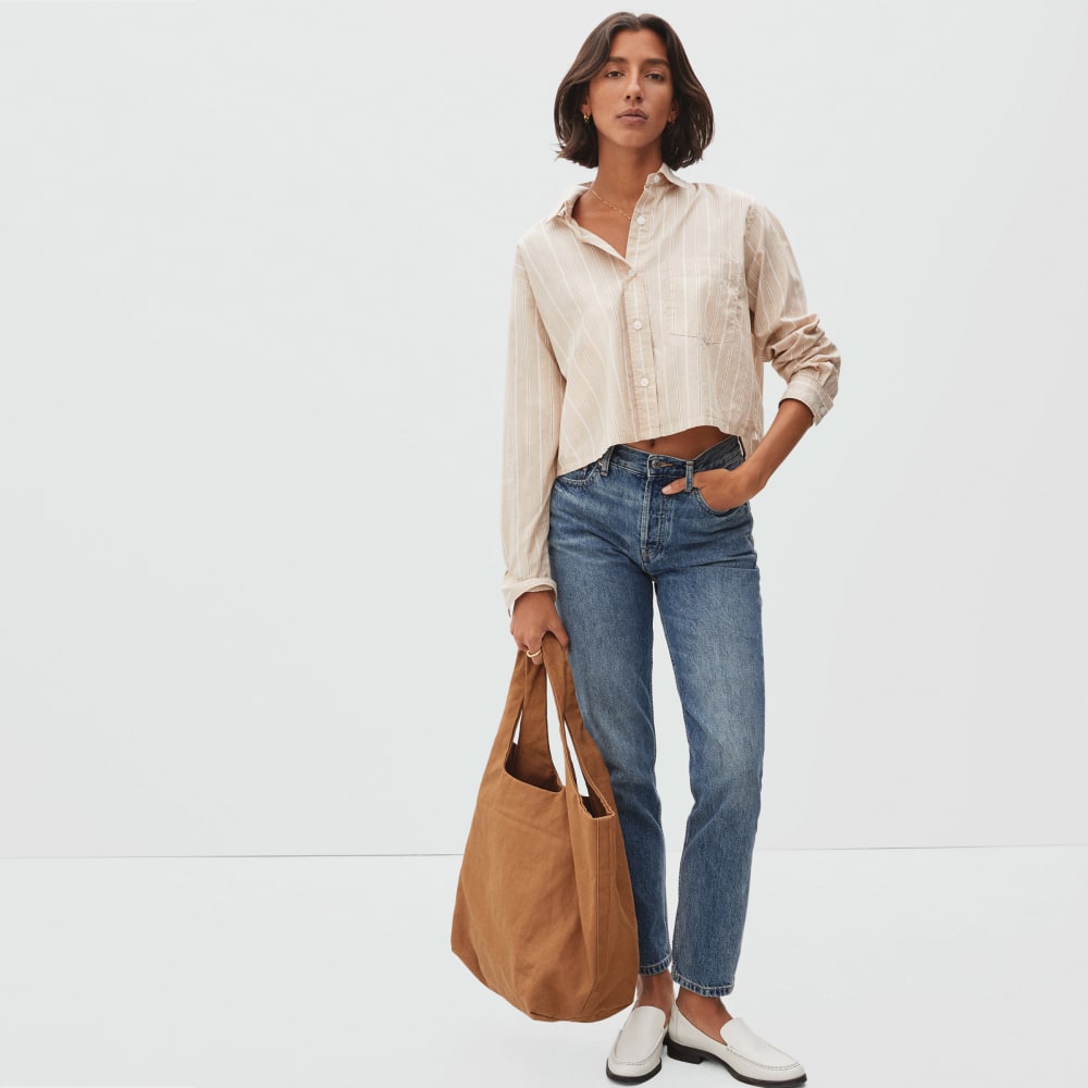 The Way-Short Shirt in Silky Cotton | Golden Brown / White - Image 7