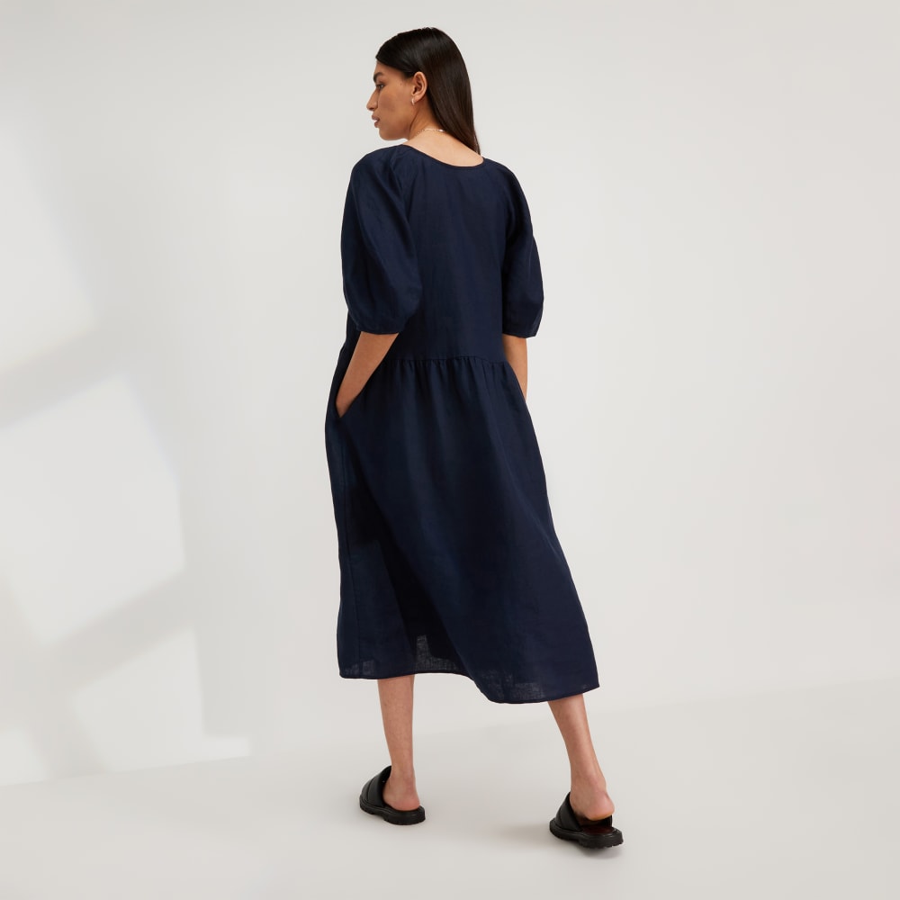 The Linen Oversized Puff-Sleeve Dress | Navy - Image 3