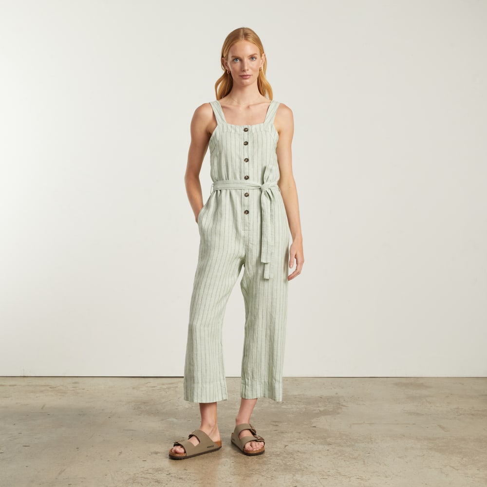 The Linen Jumpsuit | Seafoam Pinstripe