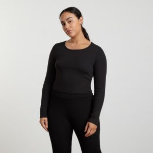 The Pima Micro-Rib Cropped Long-Sleeve Crew | Black