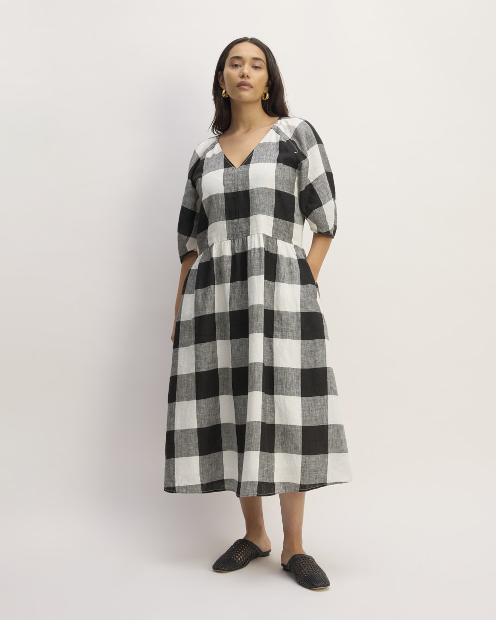 The Linen Oversized Puff-Sleeve Dress | Bone / Black Check