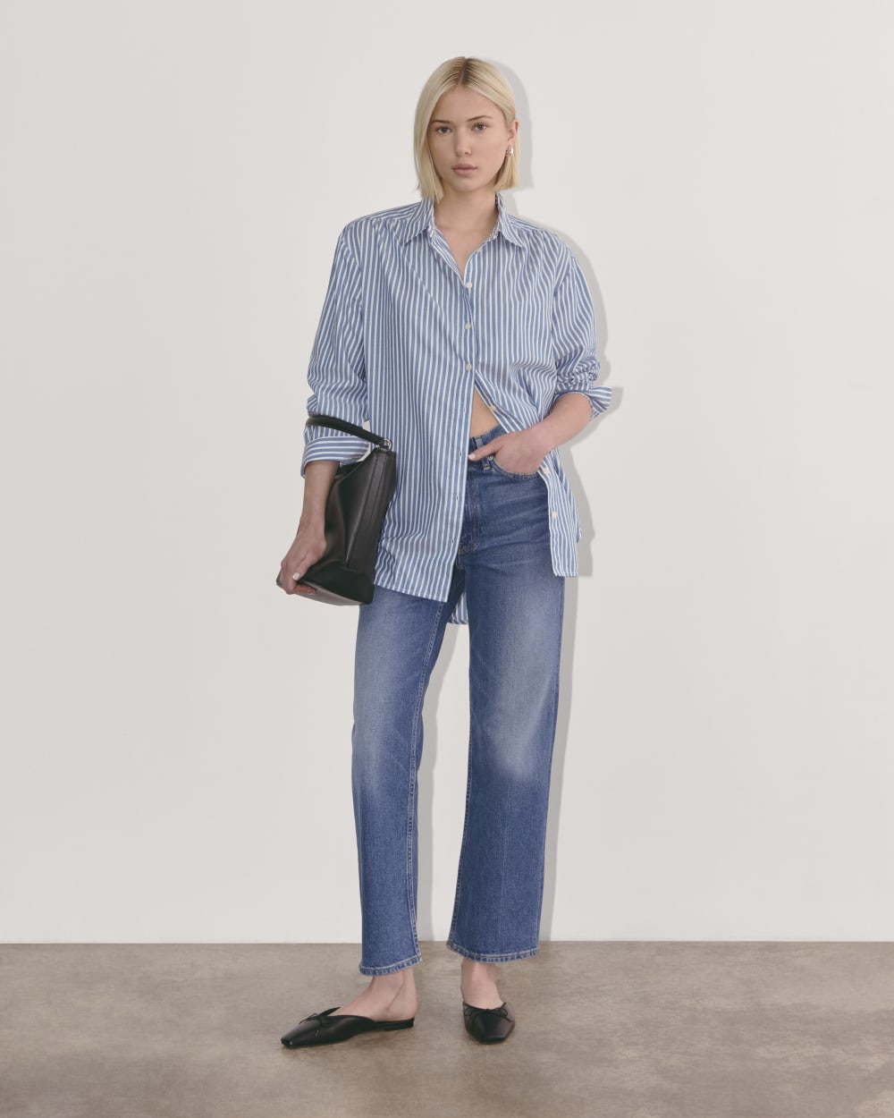 The Gathered Shirt in Silky Cotton | Bone / Mazarine Blue - Image 3