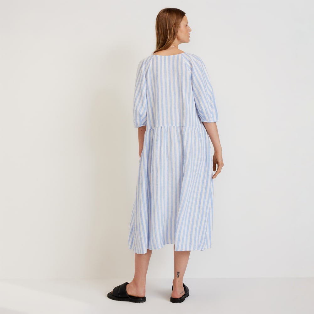 The Linen Oversized Puff-Sleeve Dress | Blue / White - Image 3