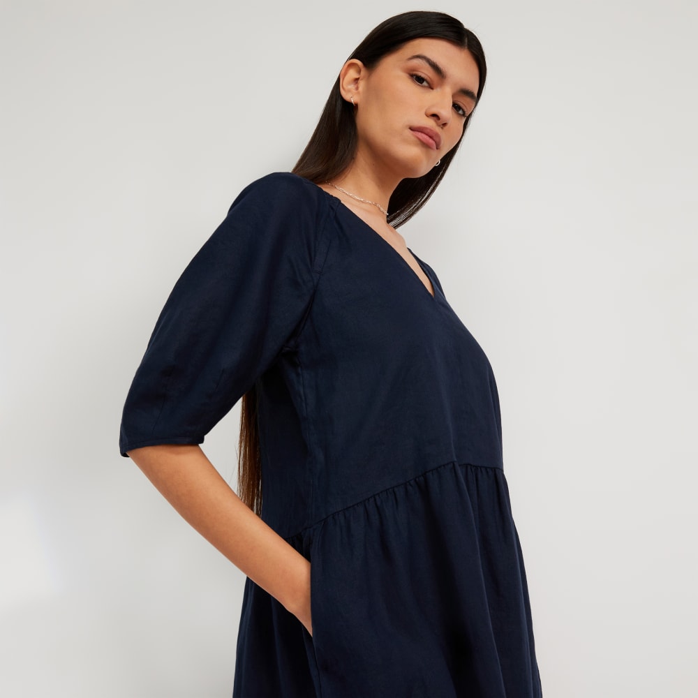 The Linen Oversized Puff-Sleeve Dress | Navy - Image 4