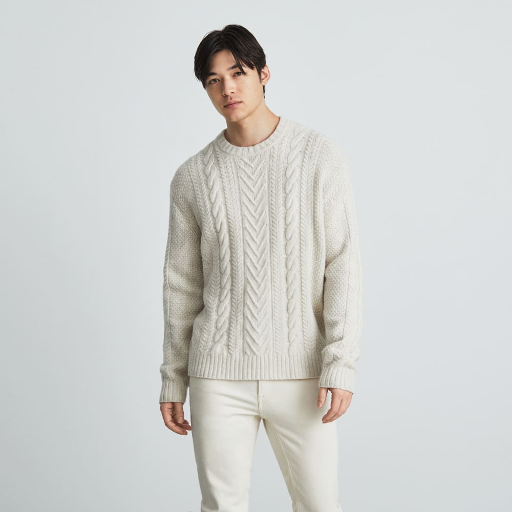 The Felted Merino Cable-Knit Crew | Heathered Oat - Image 2