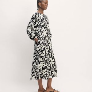 The Linen A-Line Midi Dress | Black / Bone Floral