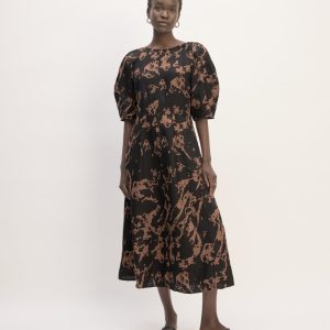 The Linen Short-Sleeve Scoop Midi Dress | Carob Brown Abstract