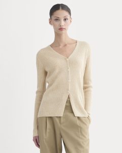 Cashmere Ribbed V-Neck Cardigan | Heather Light Camel