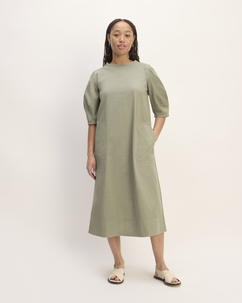 The Short-Sleeve Puff Midi Dress | Sage Green
